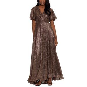 Betsy & Adam Long V-Neck Flutter Sleeve Dress Black/Gold/Silver 4